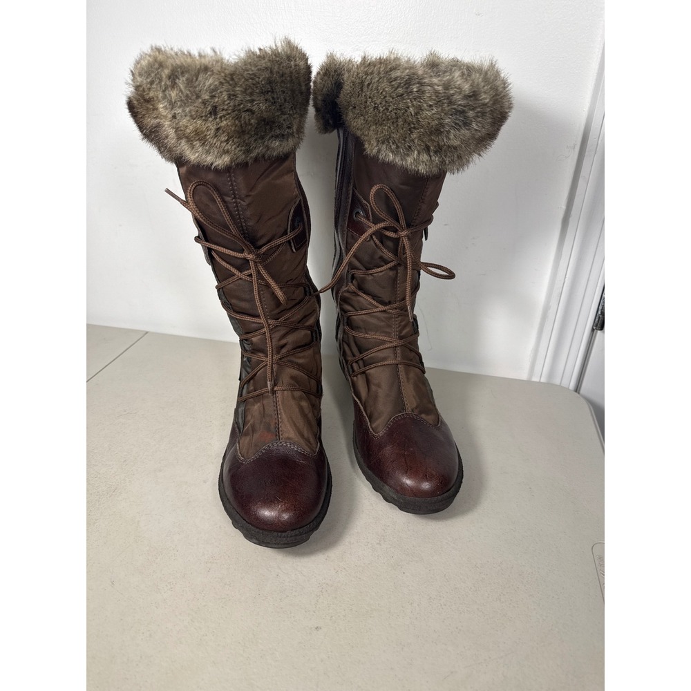 Santana Canada Brown Leather Nylon Faux Fur Trim Lace Up Wedge Winter Boots 10